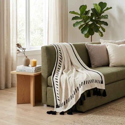 50" X 60" Black and White Woven Cotton Geometric Throw Blanket with Tassels HomeRoots
