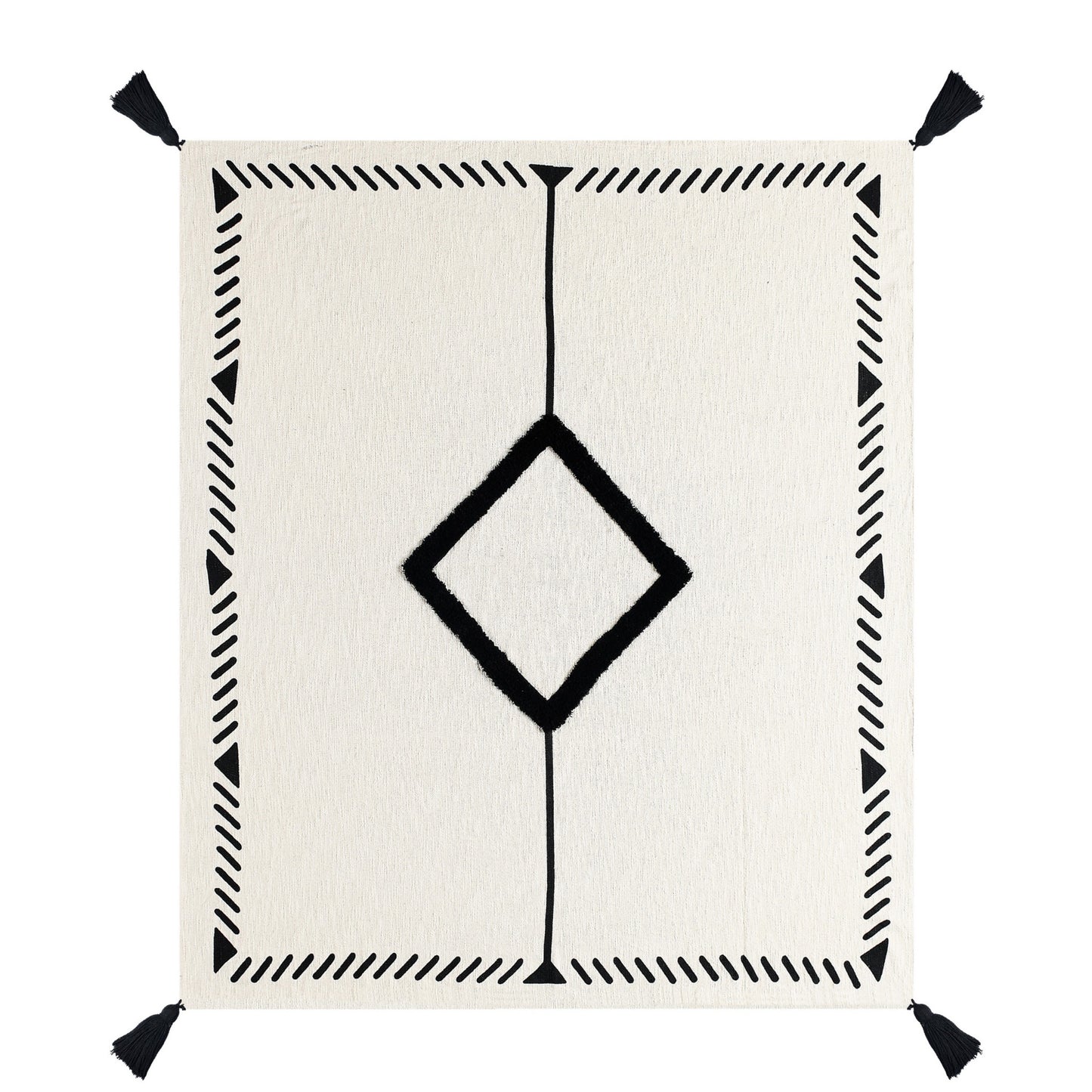 50" X 60" Black and White Woven Cotton Geometric Throw Blanket with Tassels