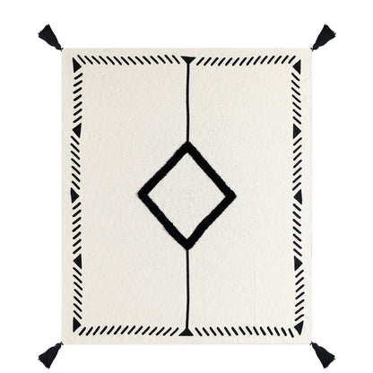 50" X 60" Black and White Woven Cotton Geometric Throw Blanket with Tassels