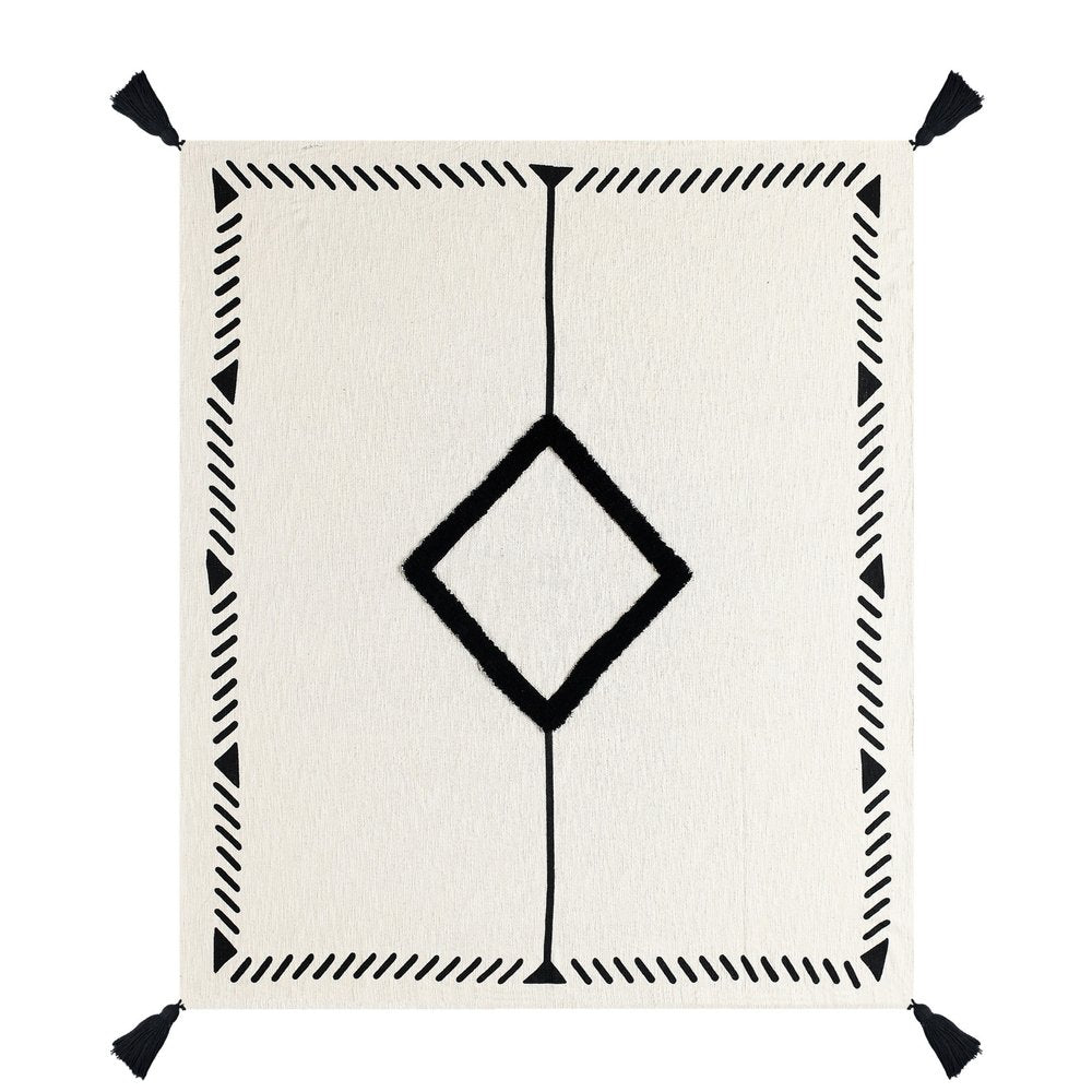 50" X 60" Black and White Woven Cotton Geometric Throw Blanket with Tassels HomeRoots