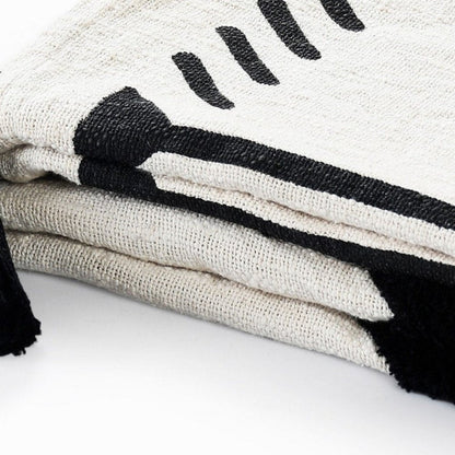 50" X 60" Black and White Woven Cotton Geometric Throw Blanket with Tassels HomeRoots