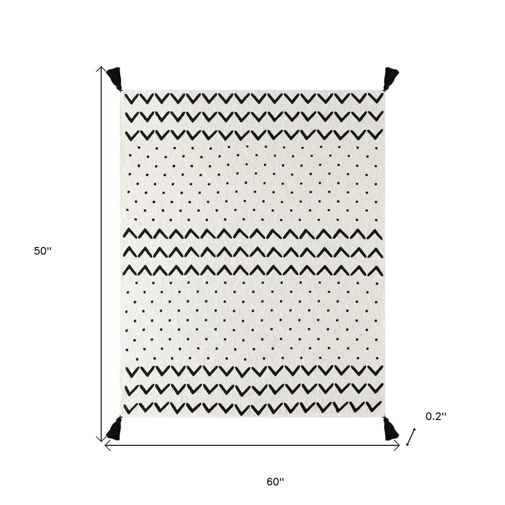 50" X 60" Black and White Woven Cotton Chevron Throw Blanket with Tassels HomeRoots