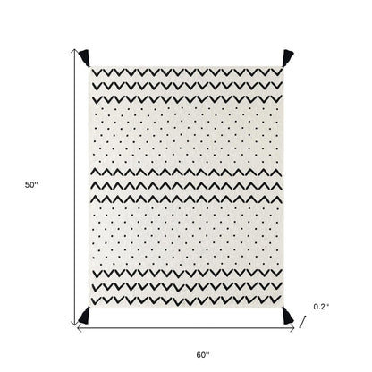 50" X 60" Black and White Woven Cotton Chevron Throw Blanket with Tassels HomeRoots
