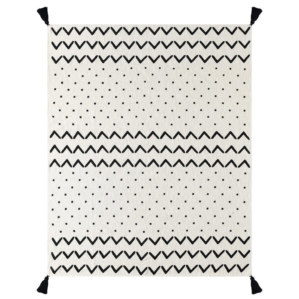 50" X 60" Black and White Woven Cotton Chevron Throw Blanket with Tassels HomeRoots
