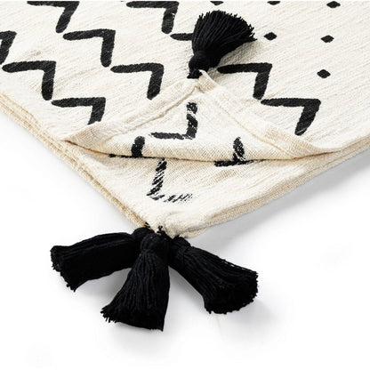 50" X 60" Black and White Woven Cotton Chevron Throw Blanket with Tassels HomeRoots
