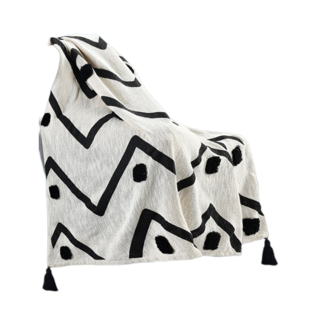 50" X 60" Black and White Woven Cotton Chevron Throw Blanket with Tassels — view 8