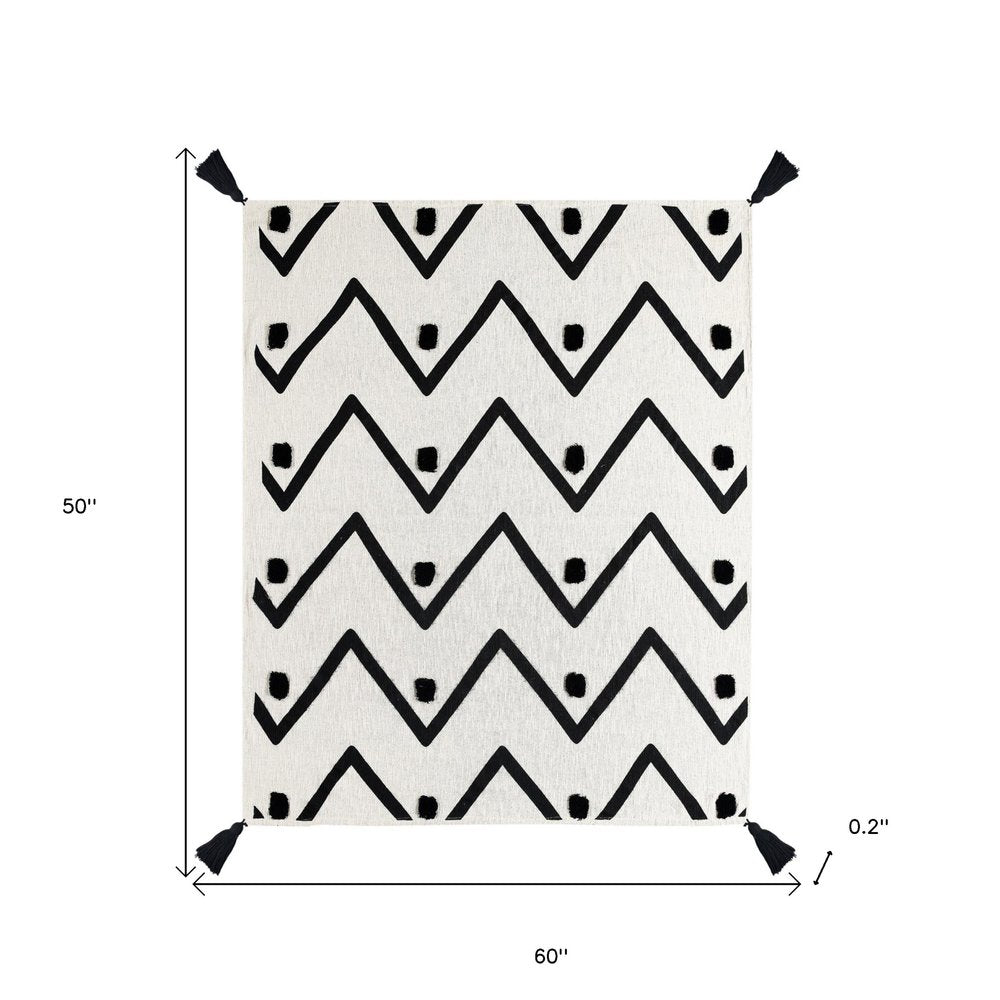 50" X 60" Black and White Woven Cotton Chevron Throw Blanket with Tassels HomeRoots