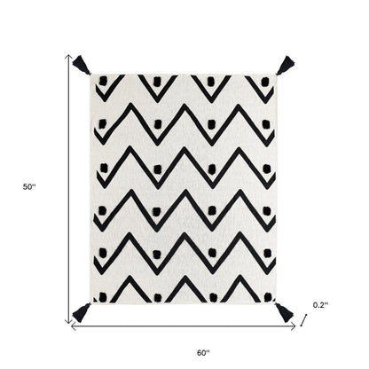 50" X 60" Black and White Woven Cotton Chevron Throw Blanket with Tassels HomeRoots