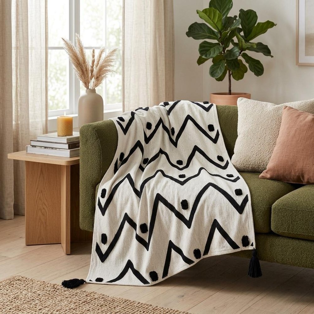 50" X 60" Black and White Woven Cotton Chevron Throw Blanket with Tassels HomeRoots