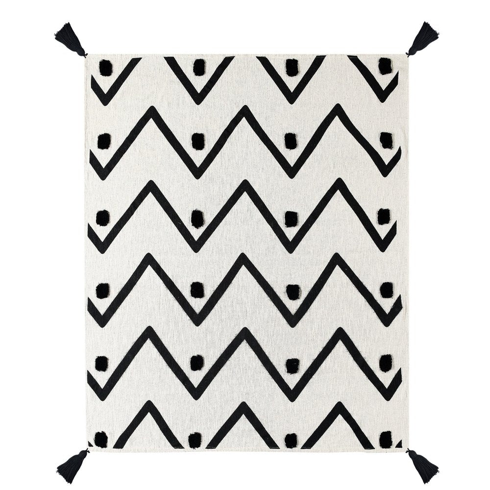50" X 60" Black and White Woven Cotton Chevron Throw Blanket with Tassels HomeRoots