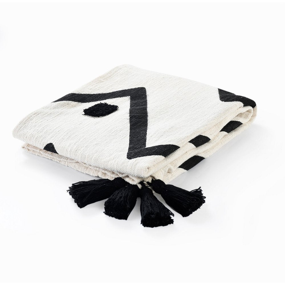 50" X 60" Black and White Woven Cotton Chevron Throw Blanket with Tassels — view 1