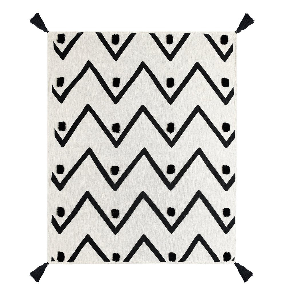 50" X 60" Black and White Woven Cotton Chevron Throw Blanket with Tassels HomeRoots