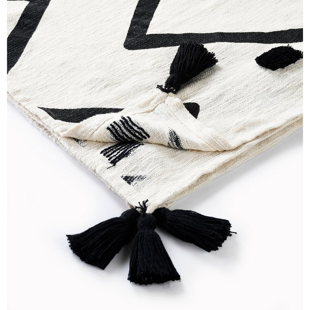50" X 60" Black and White Woven Cotton Chevron Throw Blanket with Tassels HomeRoots