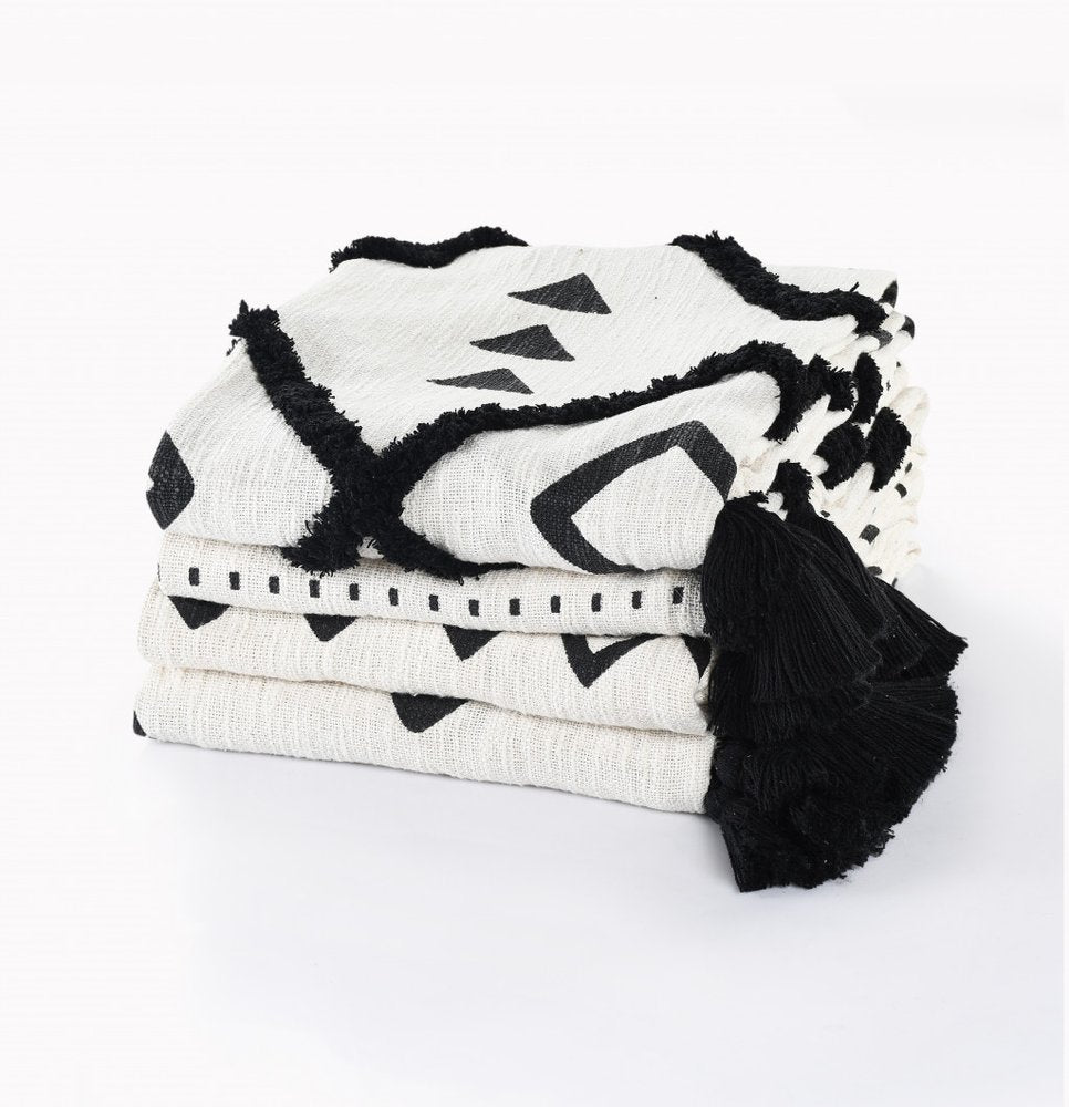 50" X 60" Black and White Woven Cotton Chevron Throw Blanket with Tassels — view 7