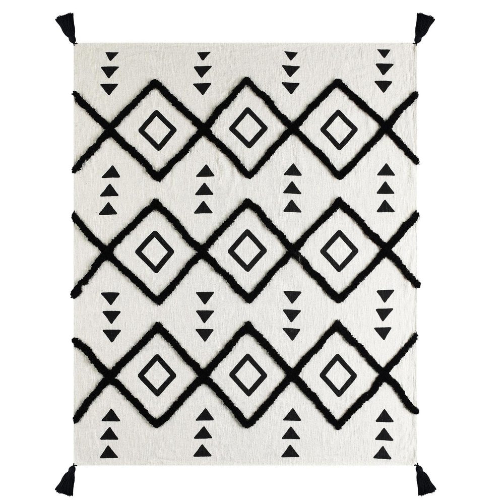 60" X 50" Black and White Woven Cotton Geometric Throw Blanket with Tassels HomeRoots