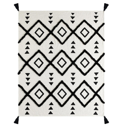 60" X 50" Black and White Woven Cotton Geometric Throw Blanket with Tassels HomeRoots