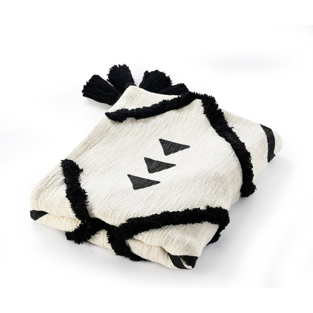 60" X 50" Black and White Woven Cotton Geometric Throw Blanket with Tassels — view 1