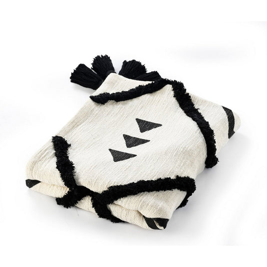 60" X 50" Black and White Woven Cotton Geometric Throw Blanket with Tassels HomeRoots