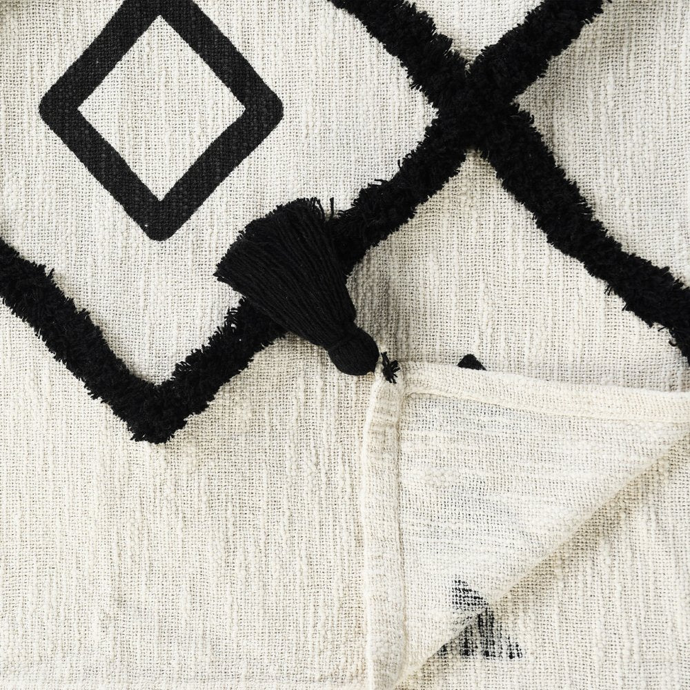60" X 50" Black and White Woven Cotton Geometric Throw Blanket with Tassels HomeRoots