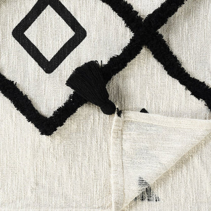 60" X 50" Black and White Woven Cotton Geometric Throw Blanket with Tassels HomeRoots