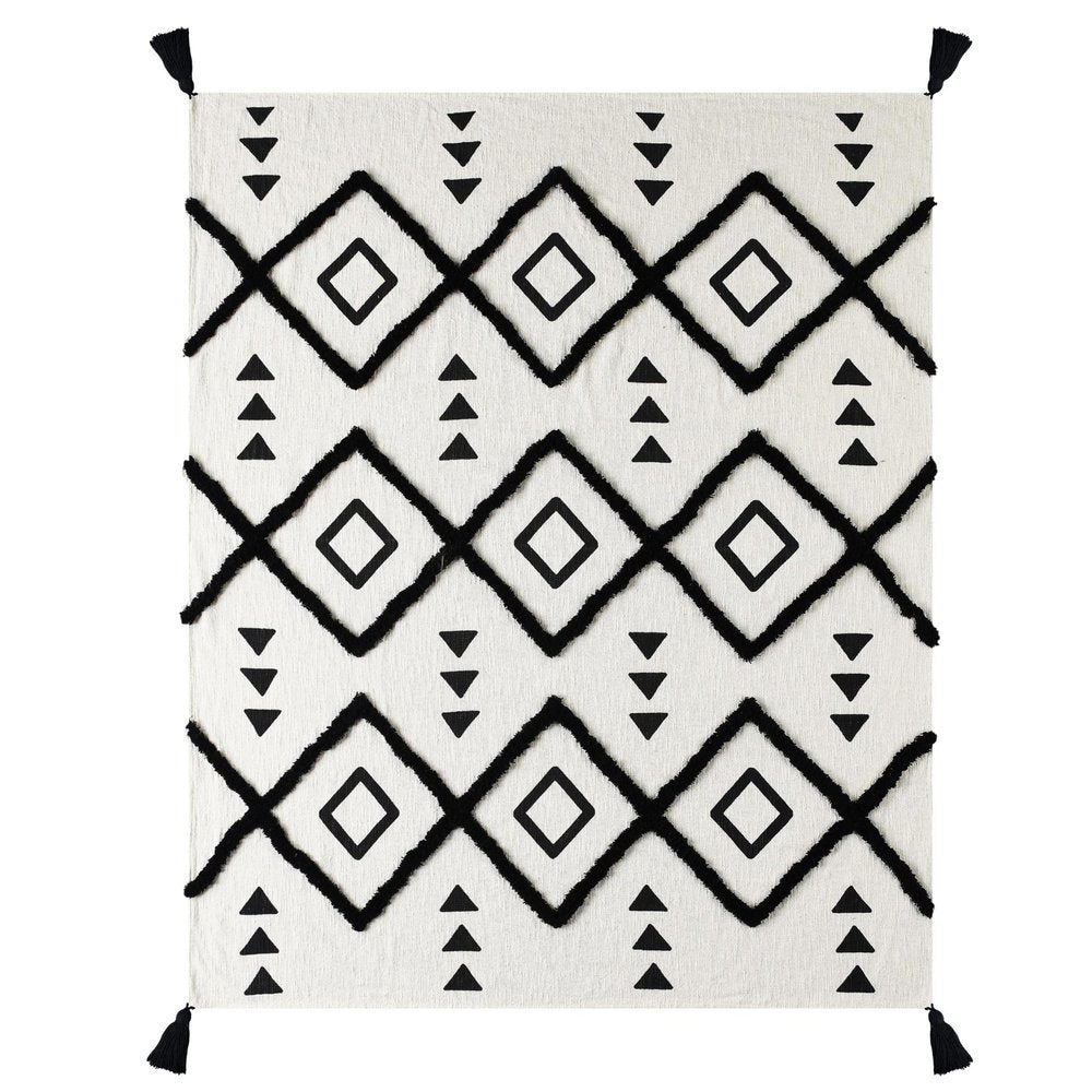 60" X 50" Black and White Woven Cotton Geometric Throw Blanket with Tassels HomeRoots