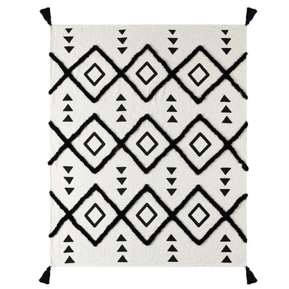60" X 50" Black and White Woven Cotton Geometric Throw Blanket with Tassels HomeRoots