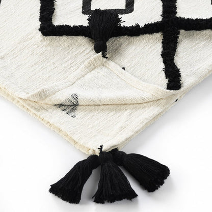 60" X 50" Black and White Woven Cotton Geometric Throw Blanket with Tassels HomeRoots