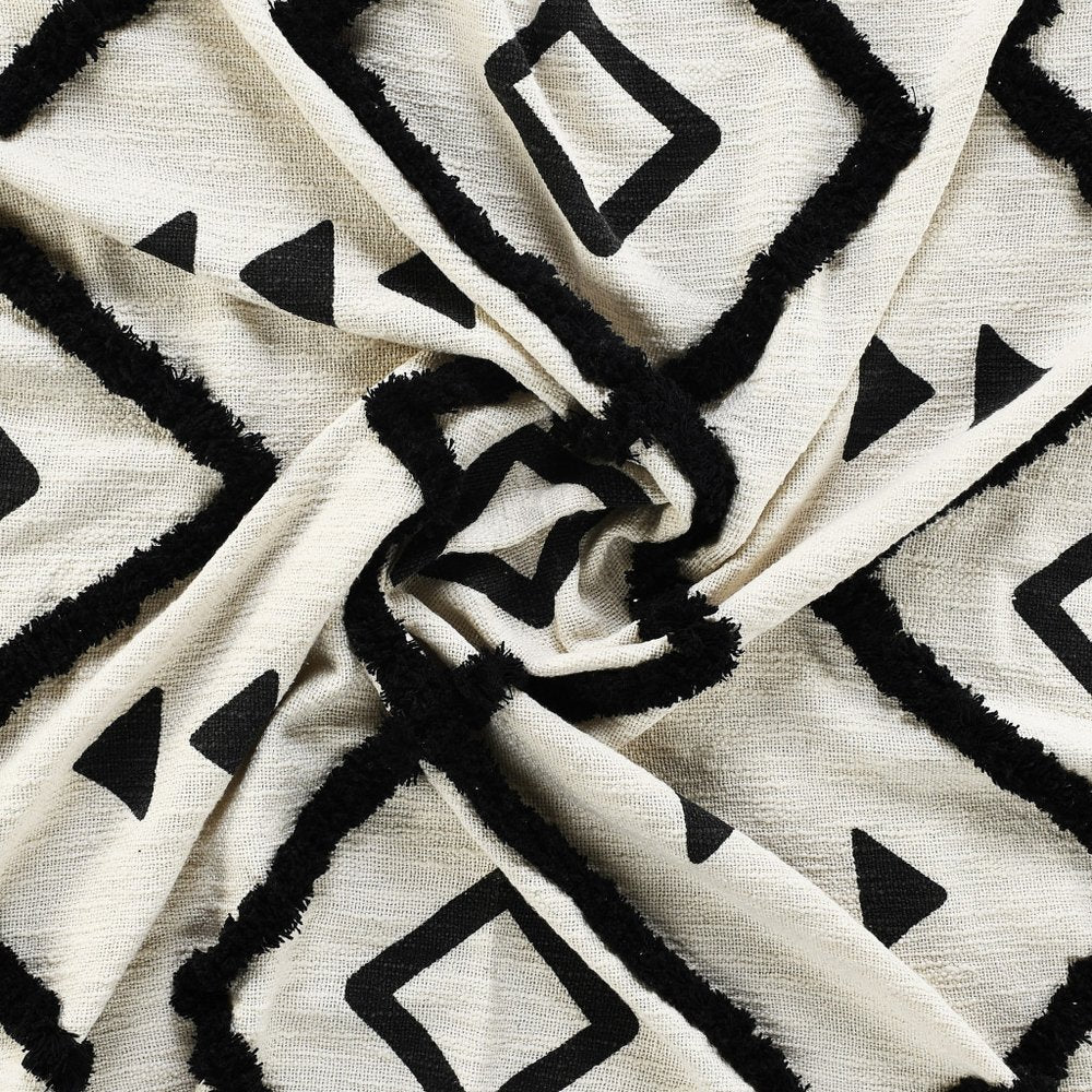 60" X 50" Black and White Woven Cotton Geometric Throw Blanket with Tassels — view 5