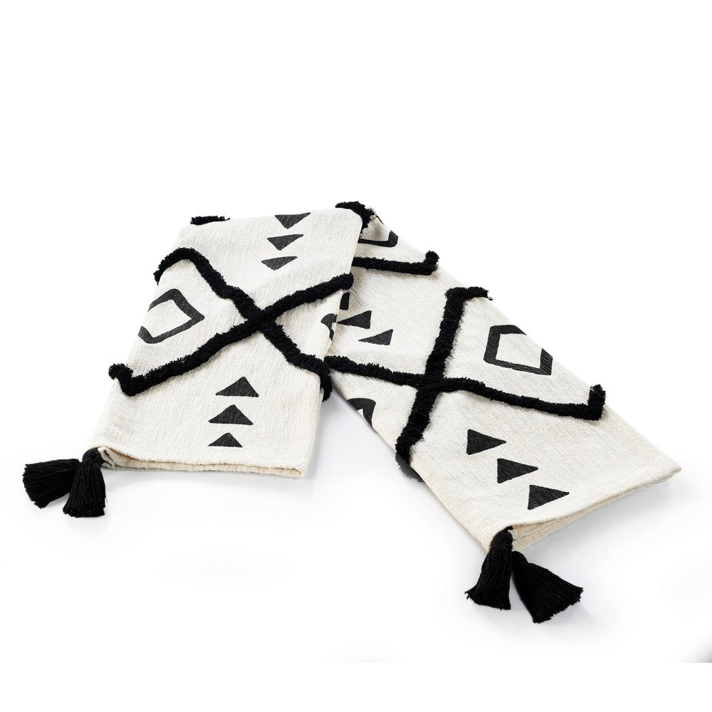 60" X 50" Black and White Woven Cotton Geometric Throw Blanket with Tassels — view 6