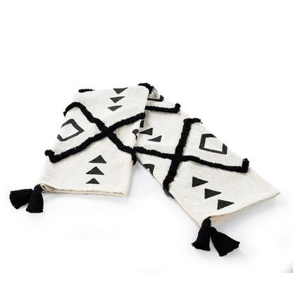 60" X 50" Black and White Woven Cotton Geometric Throw Blanket with Tassels HomeRoots