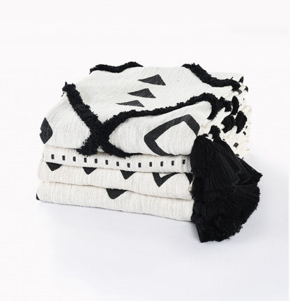 60" X 50" Black and White Woven Cotton Geometric Throw Blanket with Tassels HomeRoots
