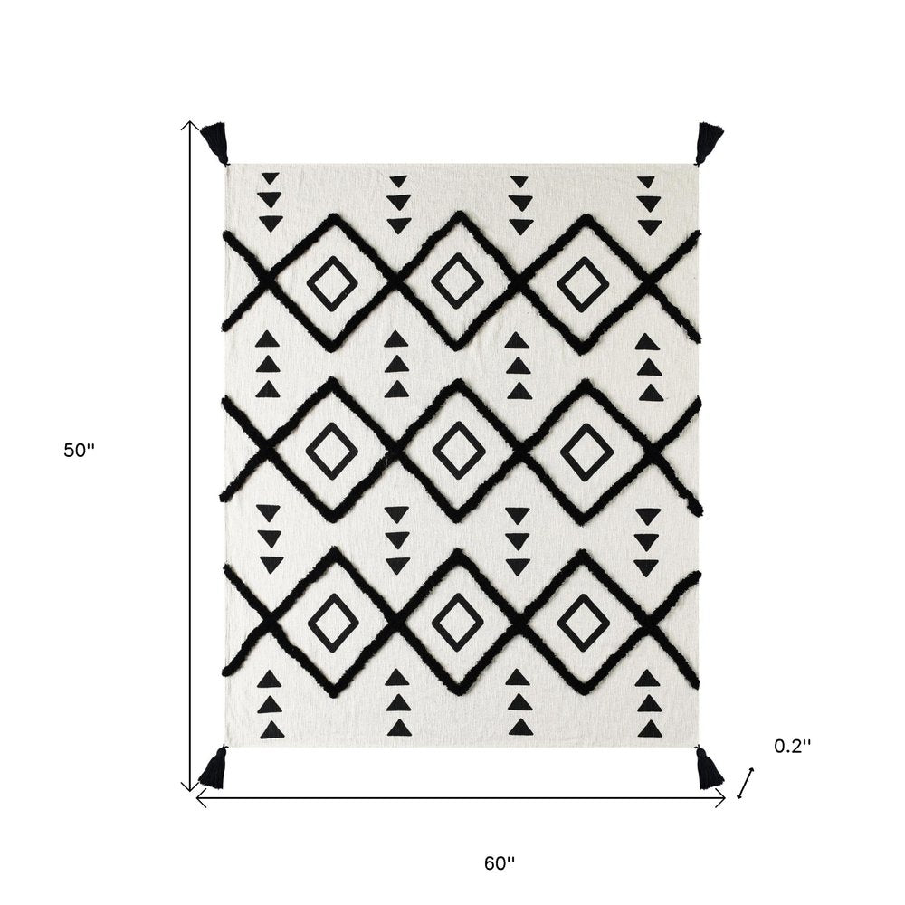 60" X 50" Black and White Woven Cotton Geometric Throw Blanket with Tassels — view 8
