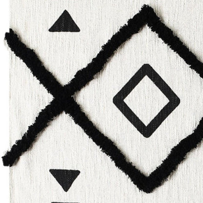 60" X 50" Black and White Woven Cotton Geometric Throw Blanket with Tassels HomeRoots