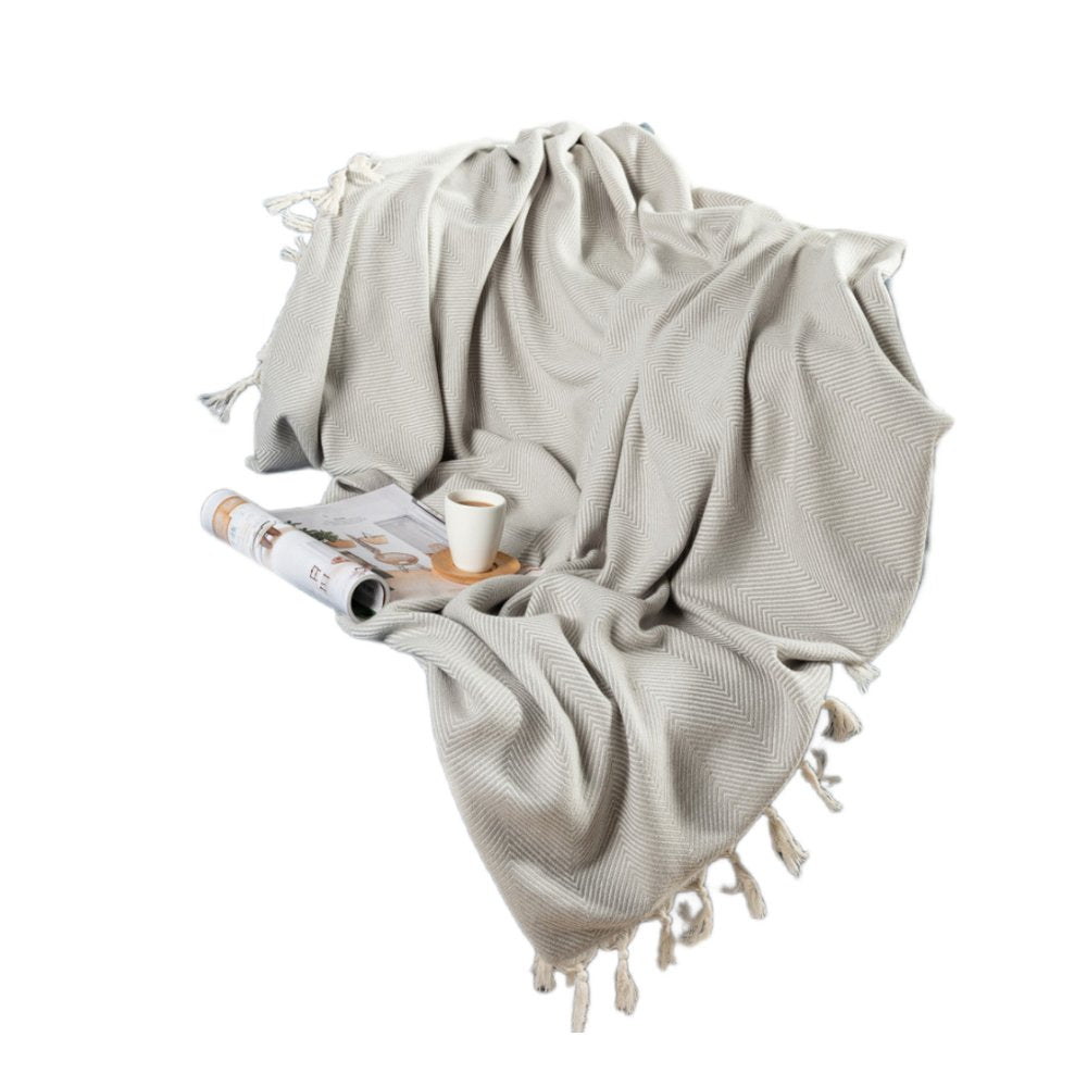 50" X 60" Gray Woven Cotton Herringbone Throw Blanket with Fringe HomeRoots