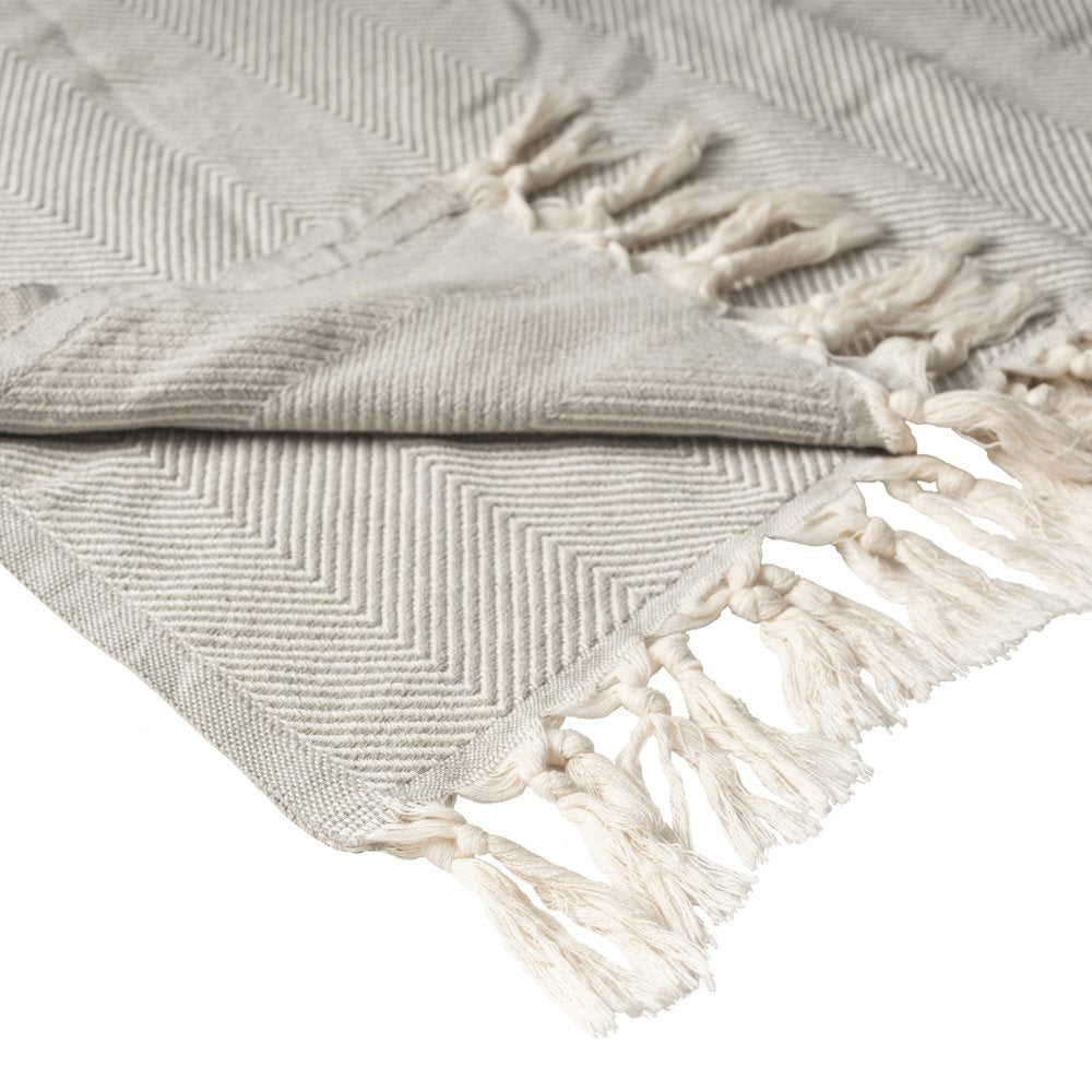 50" X 60" Gray Woven Cotton Herringbone Throw Blanket with Fringe HomeRoots
