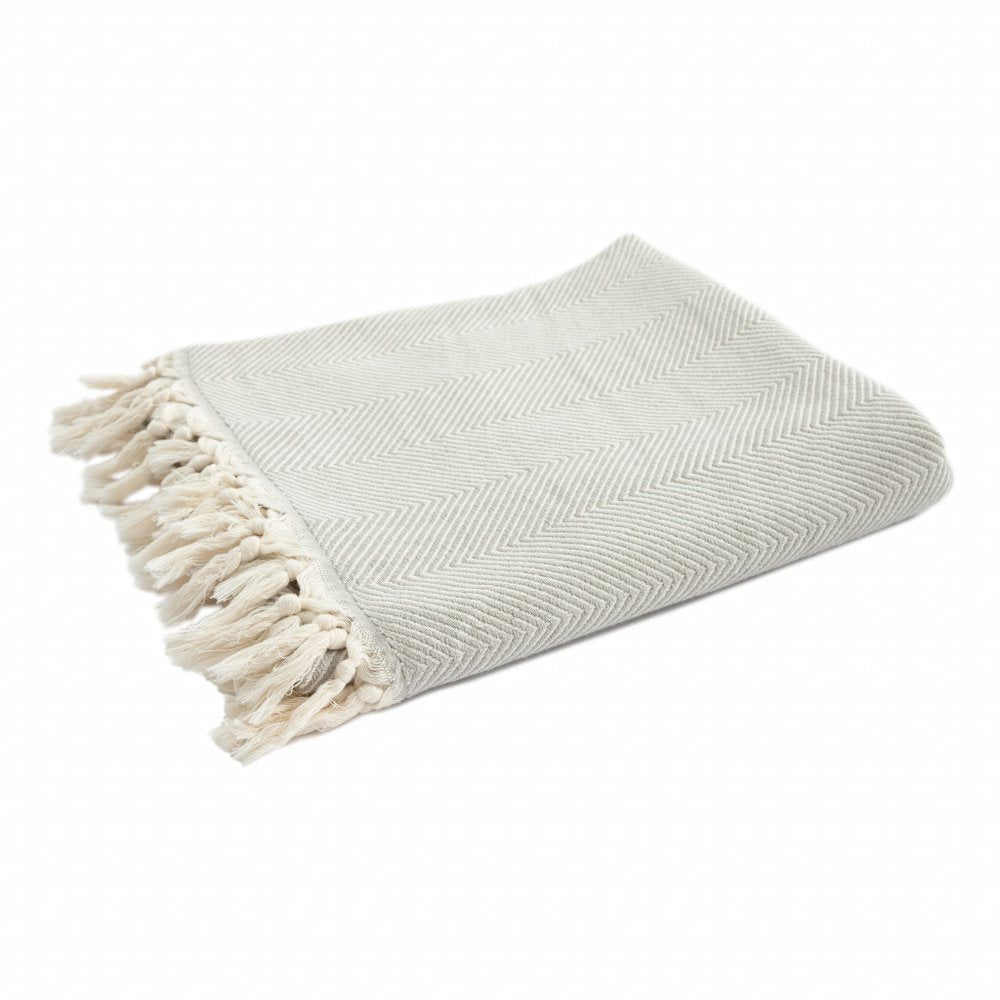 50" X 60" Gray Woven Cotton Herringbone Throw Blanket with Fringe HomeRoots