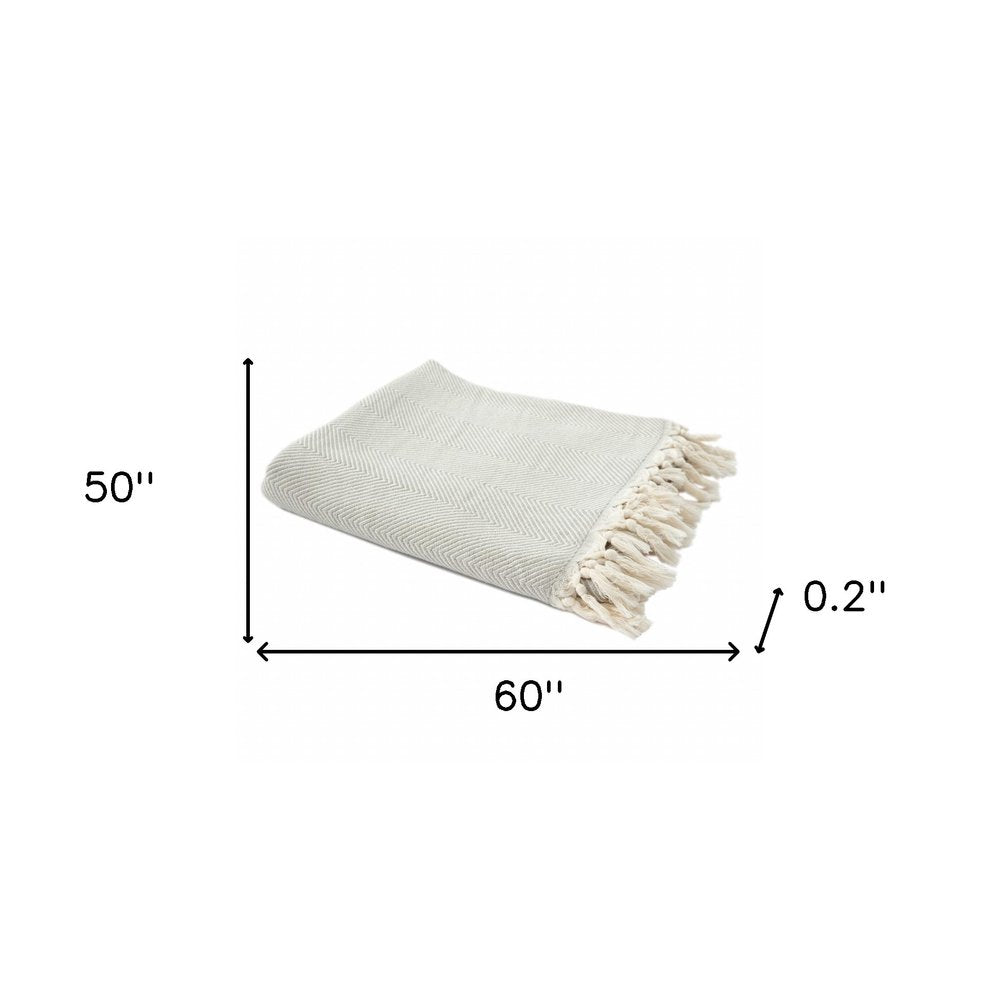 50" X 60" Gray Woven Cotton Herringbone Throw Blanket with Fringe HomeRoots