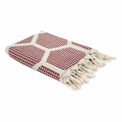 60" X 50" Red Woven Cotton Geometric Throw Blanket with Fringe HomeRoots
