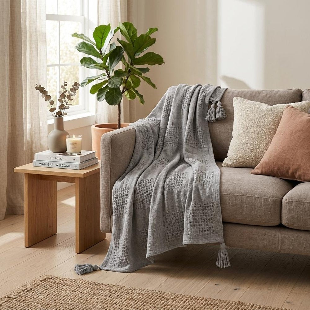 50" X 60" Blue Woven Cotton Throw Blanket with Tassels HomeRoots