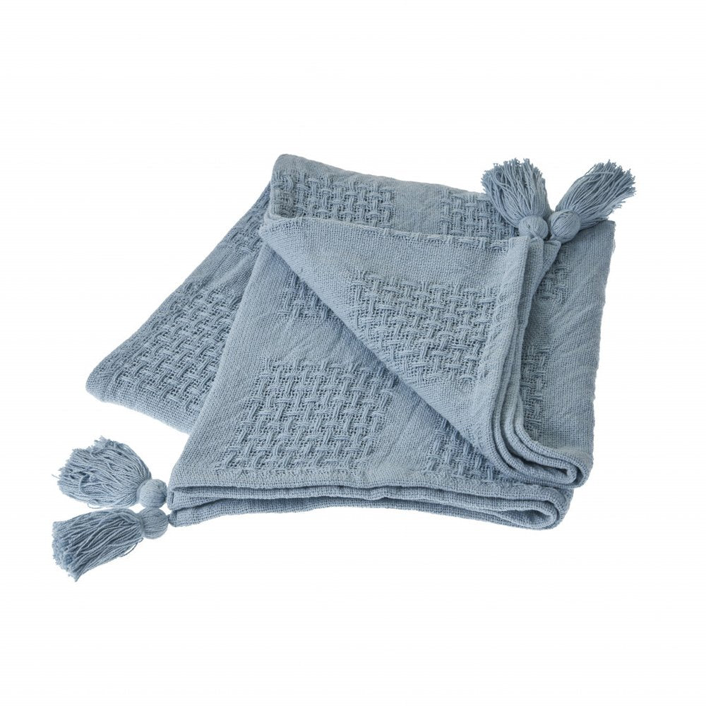 50" X 60" Blue Woven Cotton Throw Blanket with Tassels HomeRoots