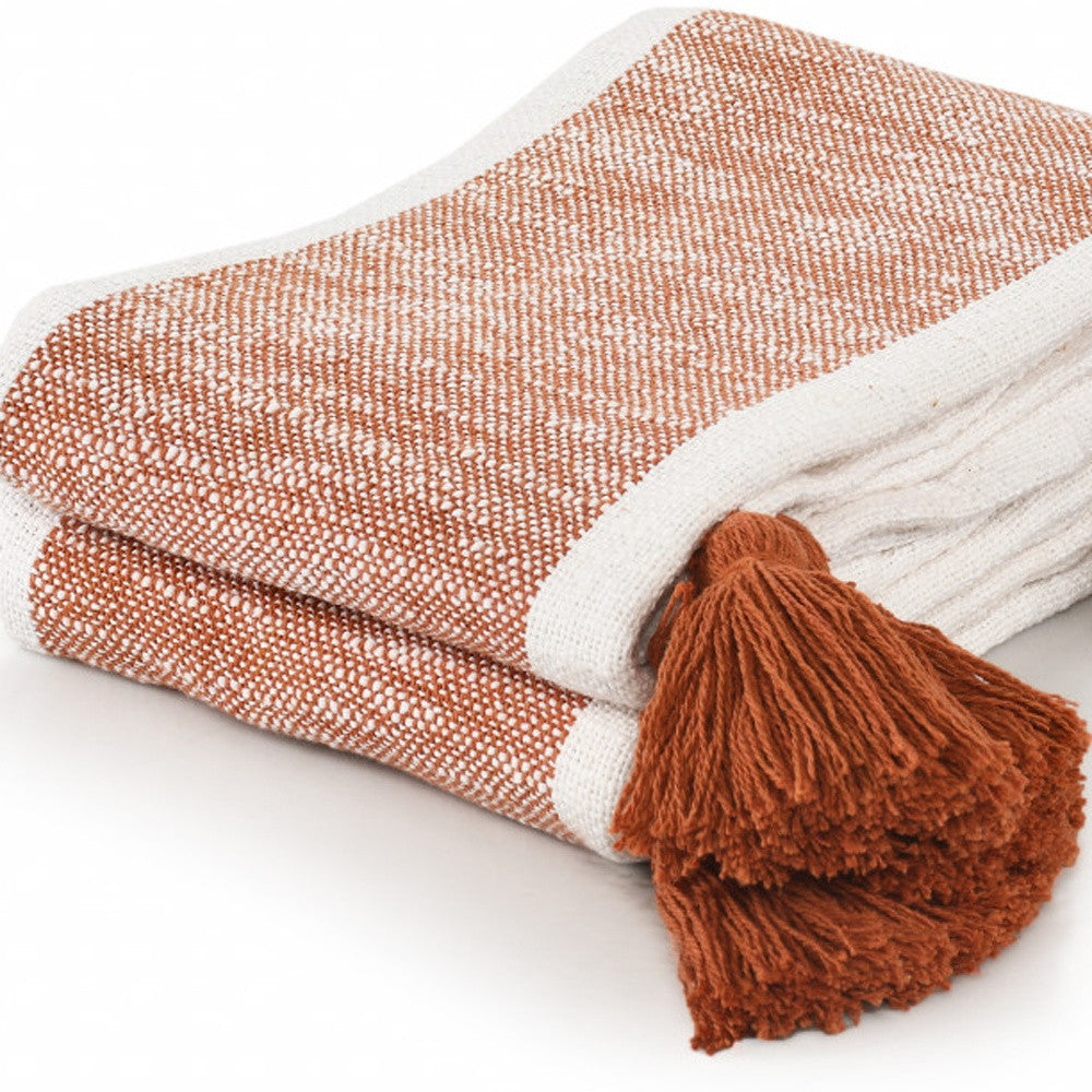 50" X 60" Orange Woven Cotton Striped Throw Blanket with Tassels