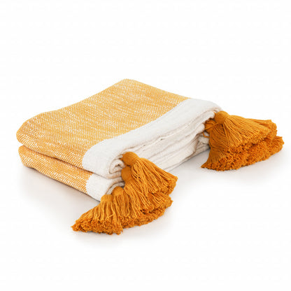 50" X 60" Orange Woven Cotton Striped Throw Blanket with Tassels