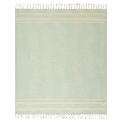 50" X 60" Turquoise Woven Cotton Striped Throw Blanket with Fringe HomeRoots