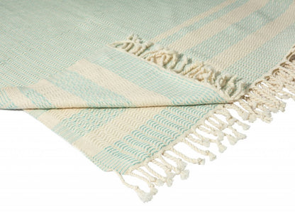 50" X 60" Turquoise Woven Cotton Striped Throw Blanket with Fringe HomeRoots