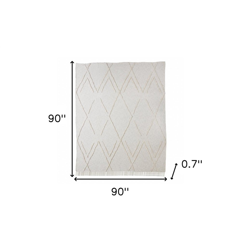 Ivory Geometric Queen Cotton Coverlet With Fringe HomeRoots