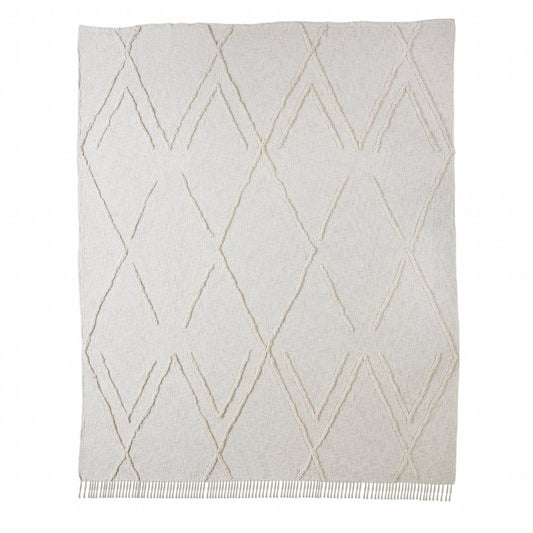 Ivory Geometric King Cotton Coverlet With Fringe HomeRoots
