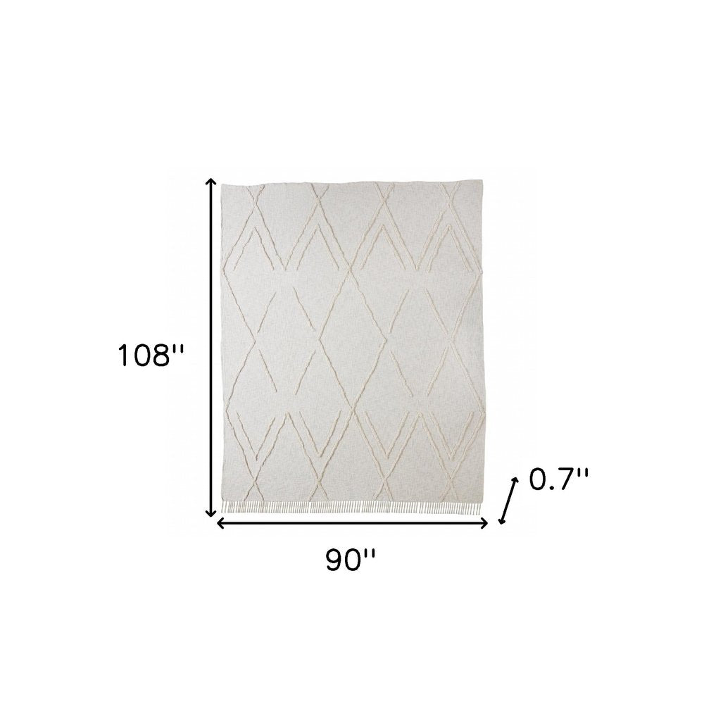 Ivory Geometric Queen Cotton Coverlet With Fringe HomeRoots