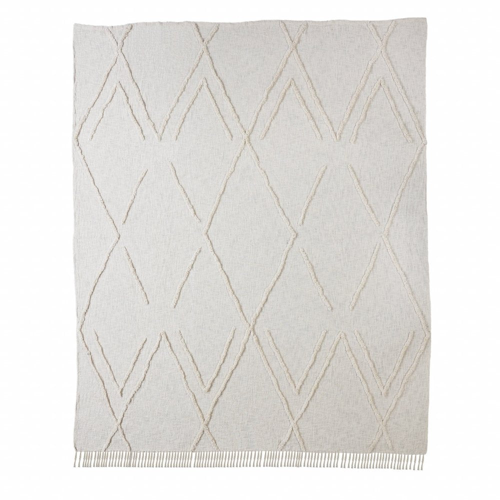 Ivory Geometric Queen Cotton Coverlet With Fringe HomeRoots