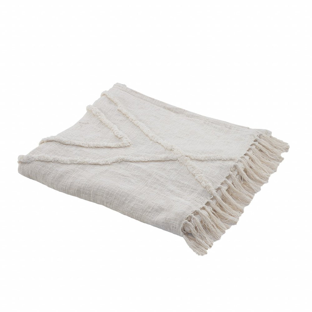 Ivory Geometric Queen Cotton Coverlet With Fringe HomeRoots