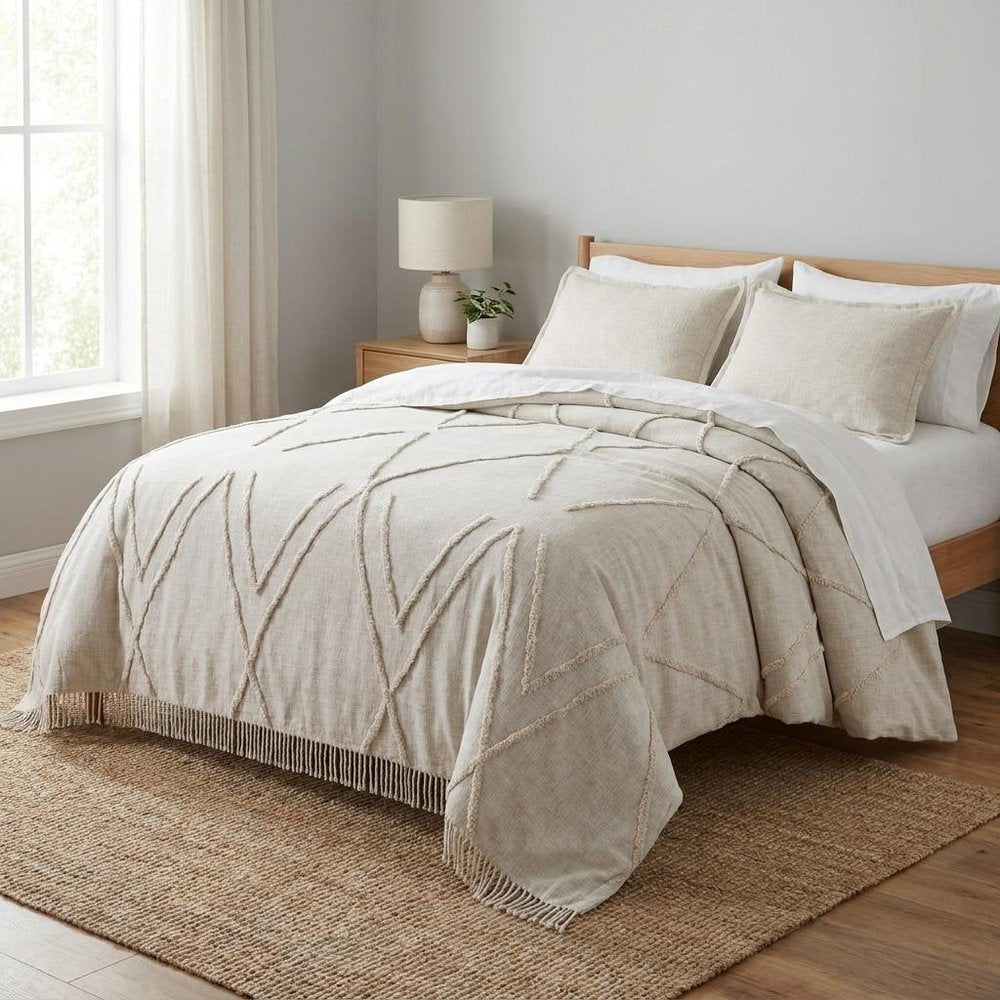 Ivory Geometric Queen Cotton Coverlet With Fringe HomeRoots